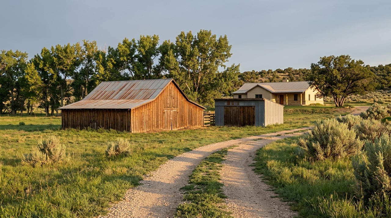 Ranch house and weathered barn beyond a rutted gravel drive, framed by cottonwoods and open pasture.