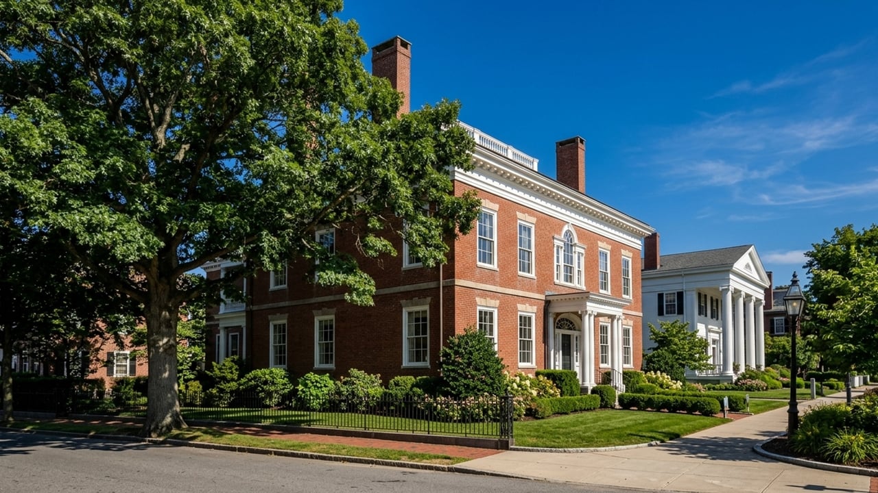 Red-brick home with white trim and tall chimneys, shaded by a mature street-side tree.