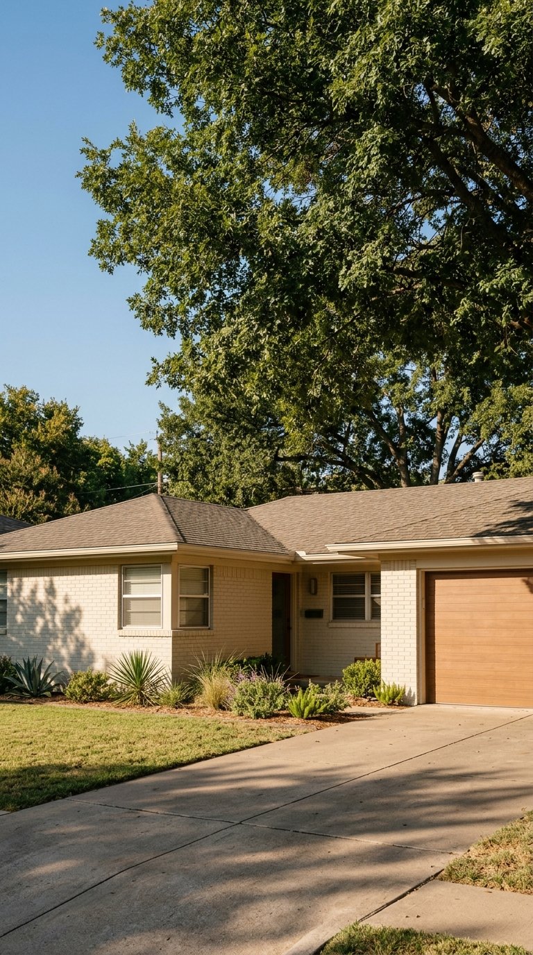 Off-white brick ranch with a closed gray garage, picture window, mature tree canopy, lawn, and drought-tolerant plants.