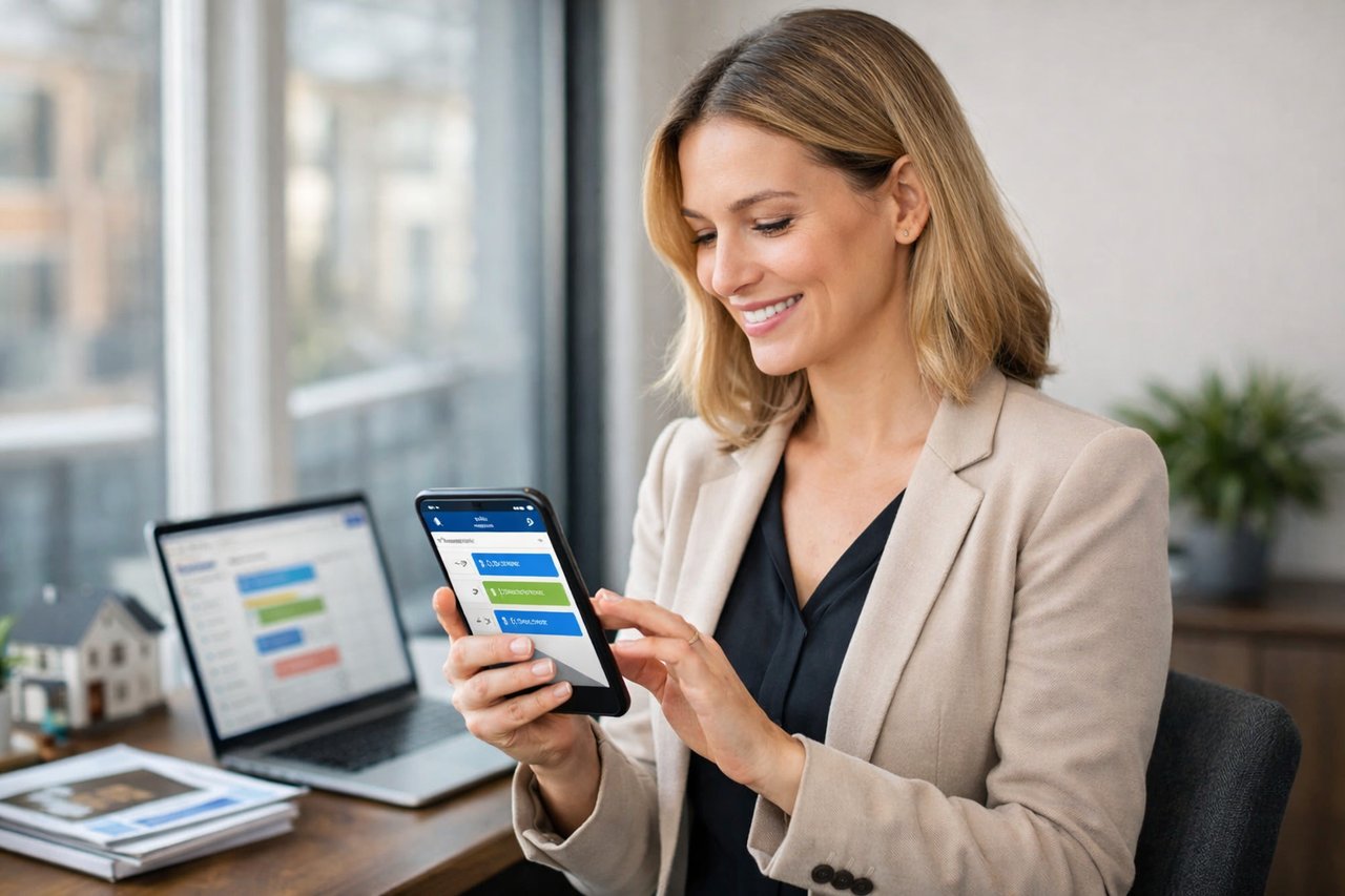 Real estate agent using smartphone with scheduling and automation apps