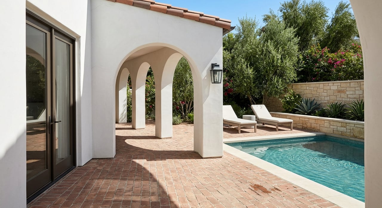 White loggia arches frame a compact pool terrace with two loungers and tropical plants.