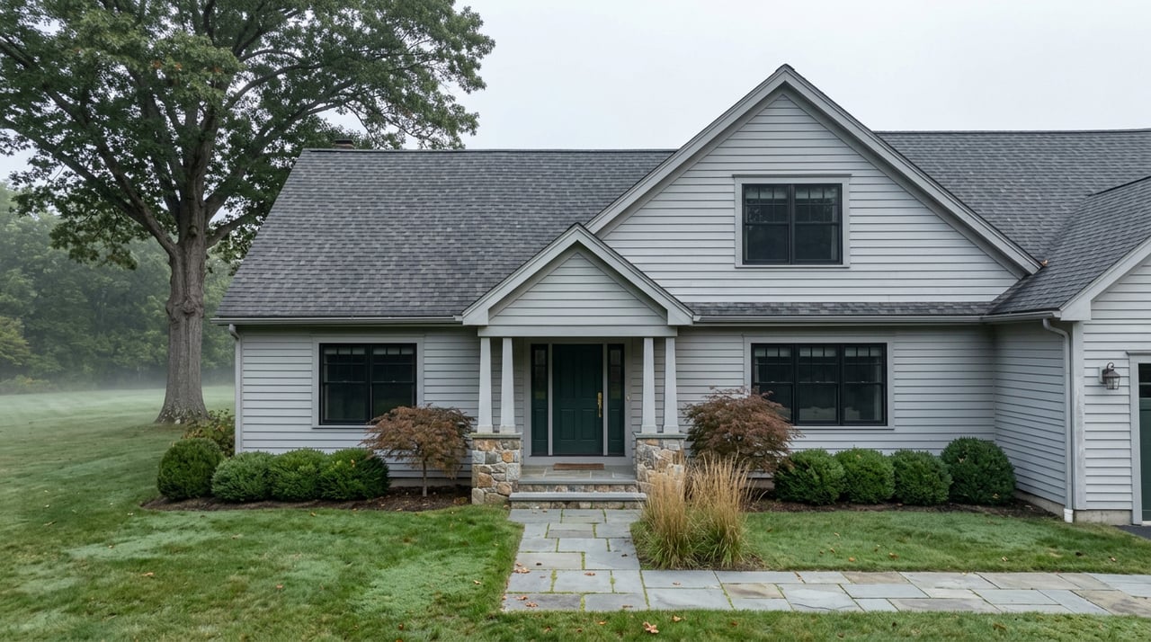 Dove-gray clapboard house with a green door, bluestone walk, and broad oak overlooking a dew-covered lawn.