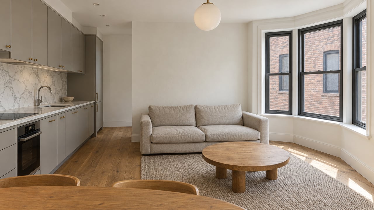 Daylit condominium living room with oak floors, a gray kitchen with veined marble, and a glazed bay overlooking red brick.