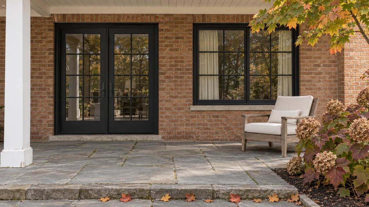 Brick home opening onto a sandstone terrace with glazed French doors, a teak chair, and autumn oakleaf hydrangeas.