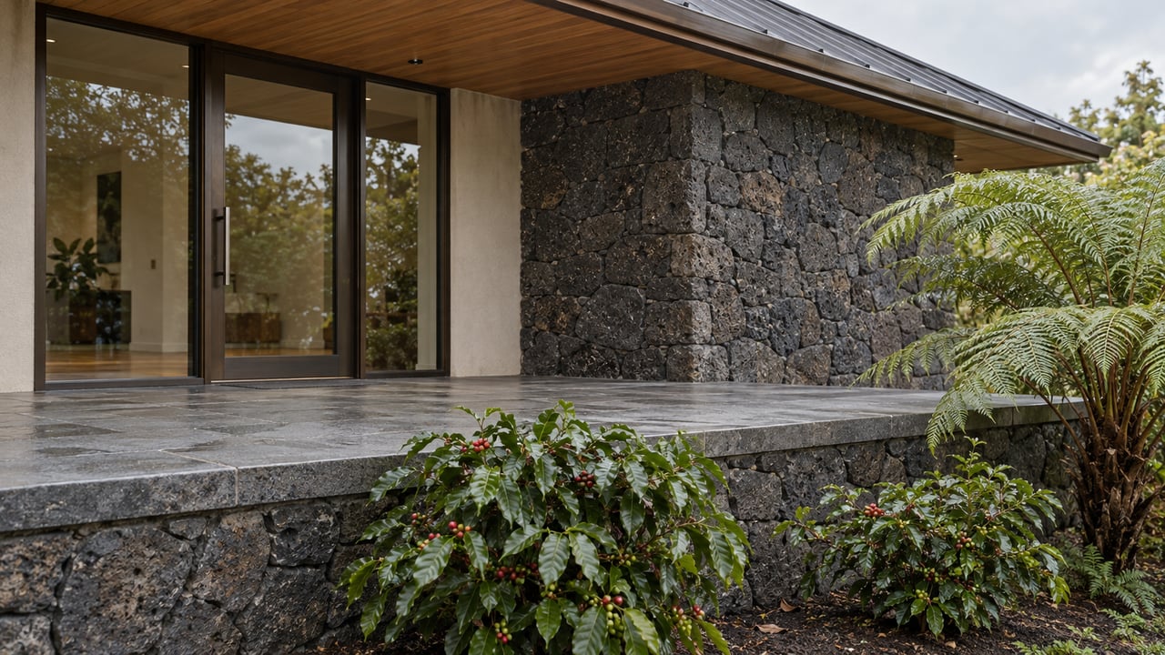 Deep timber eaves shelter a glazed home entry beside rough basalt masonry, with coffee shrubs growing below a stone terrace.
