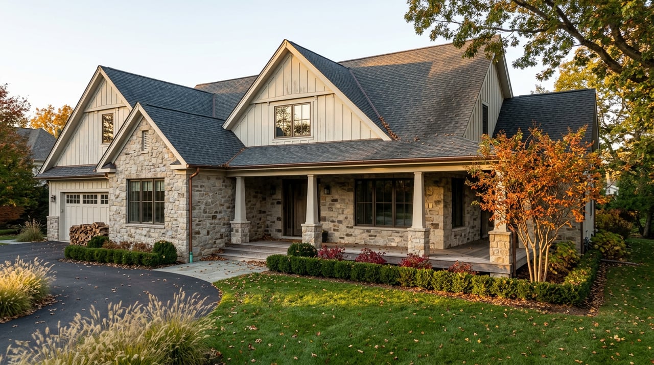Stone-and-timber Craftsman home with a covered porch, fall foliage, and a curving driveway across a deep lawn.