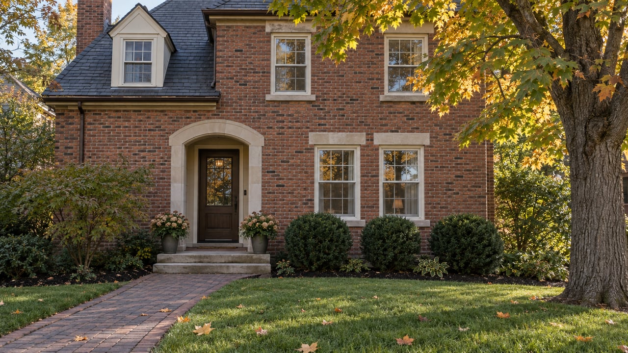 Established brick house with a limestone entrance, slate roof, trimmed yews and a sugar maple beginning to turn gold.