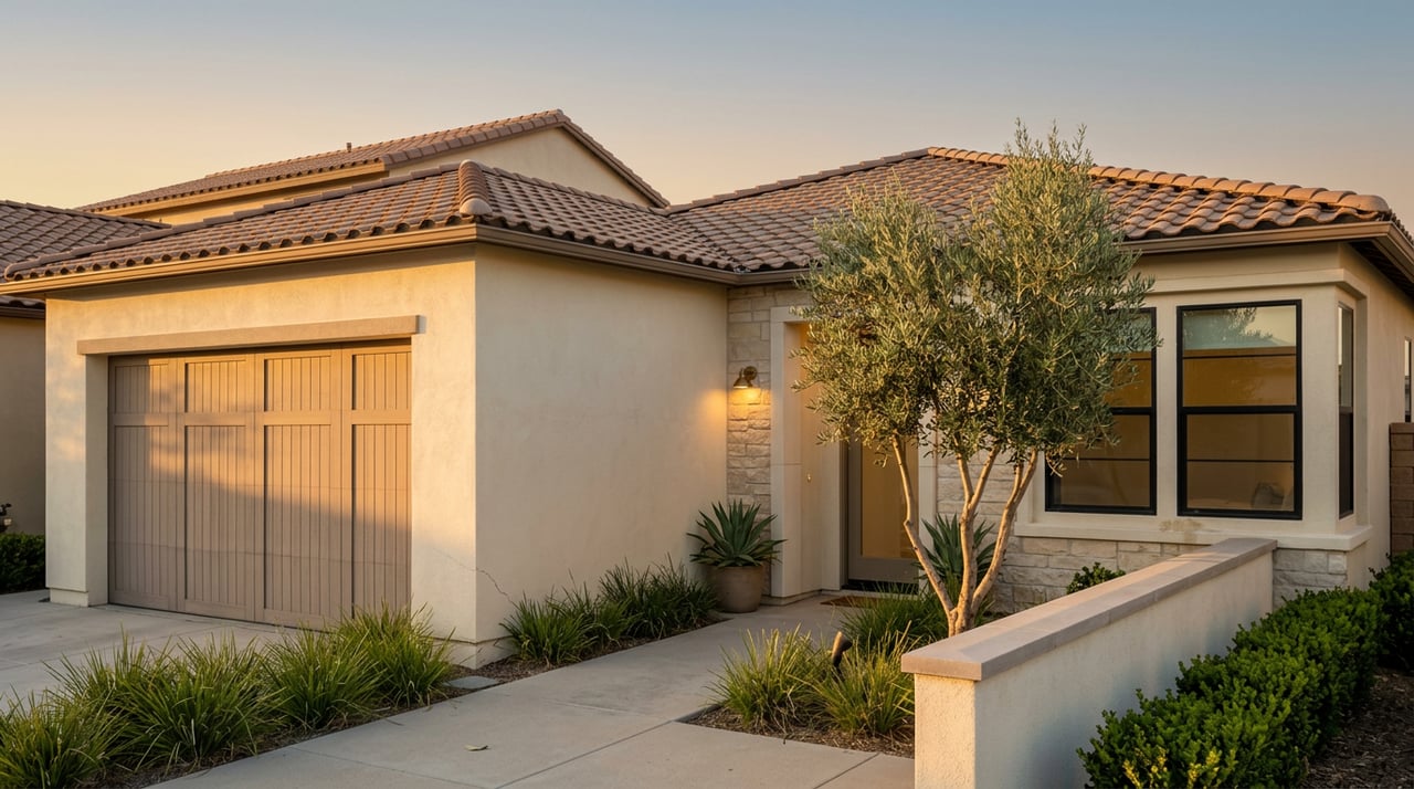 Stucco home with clay tile roof, two-car garage, olive tree, and landscaped entry walkway.
