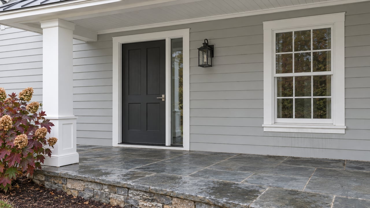 Covered front porch with pale-gray clapboard, a charcoal door, white-trimmed window, damp bluestone paving, and an autumn oakleaf hydrangea.