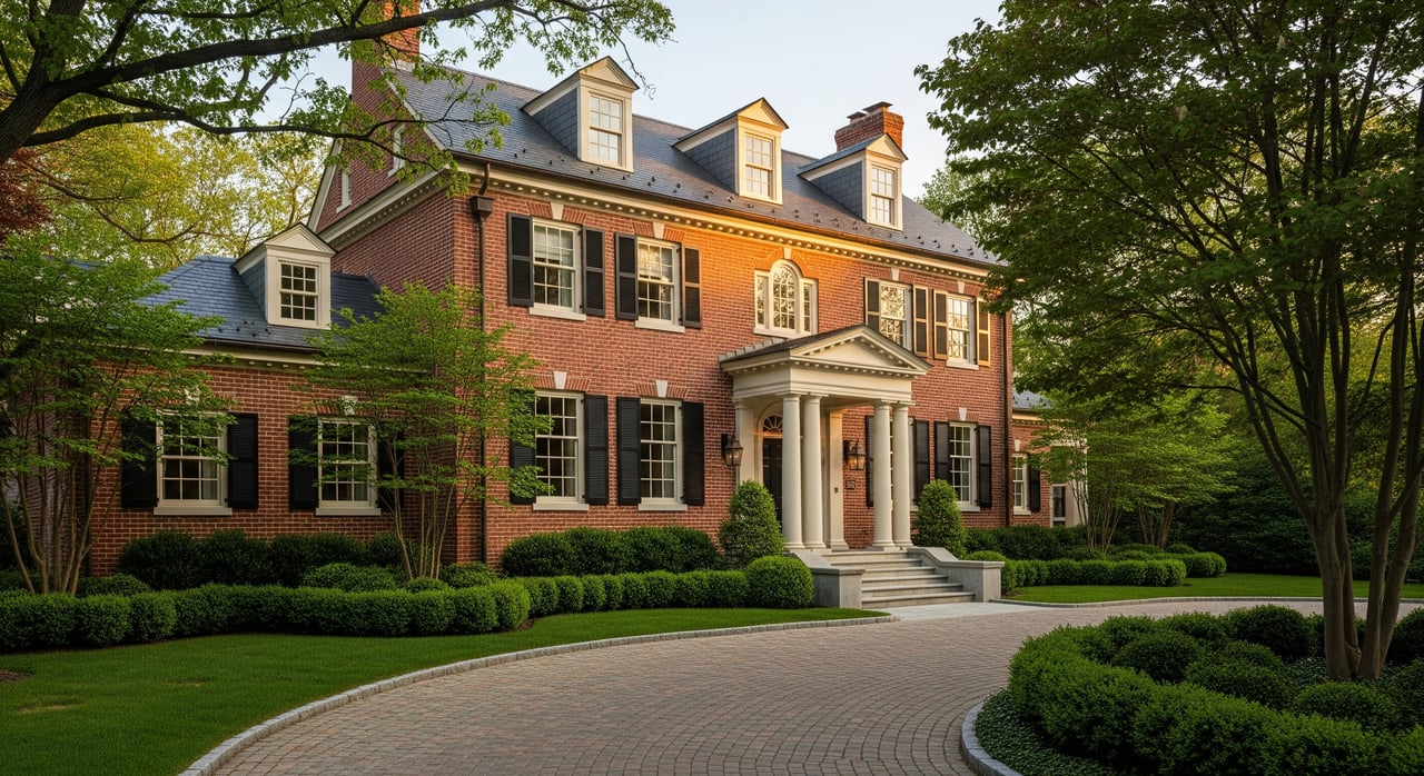 Large red-brick house with white columns, black shutters, dormer windows, and a curved paved driveway.