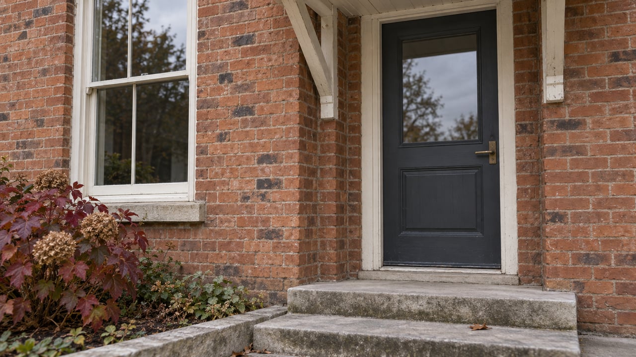 A charcoal timber door and tall sash window in warm old brick, above worn limestone steps beside an autumn oakleaf hydrangea.