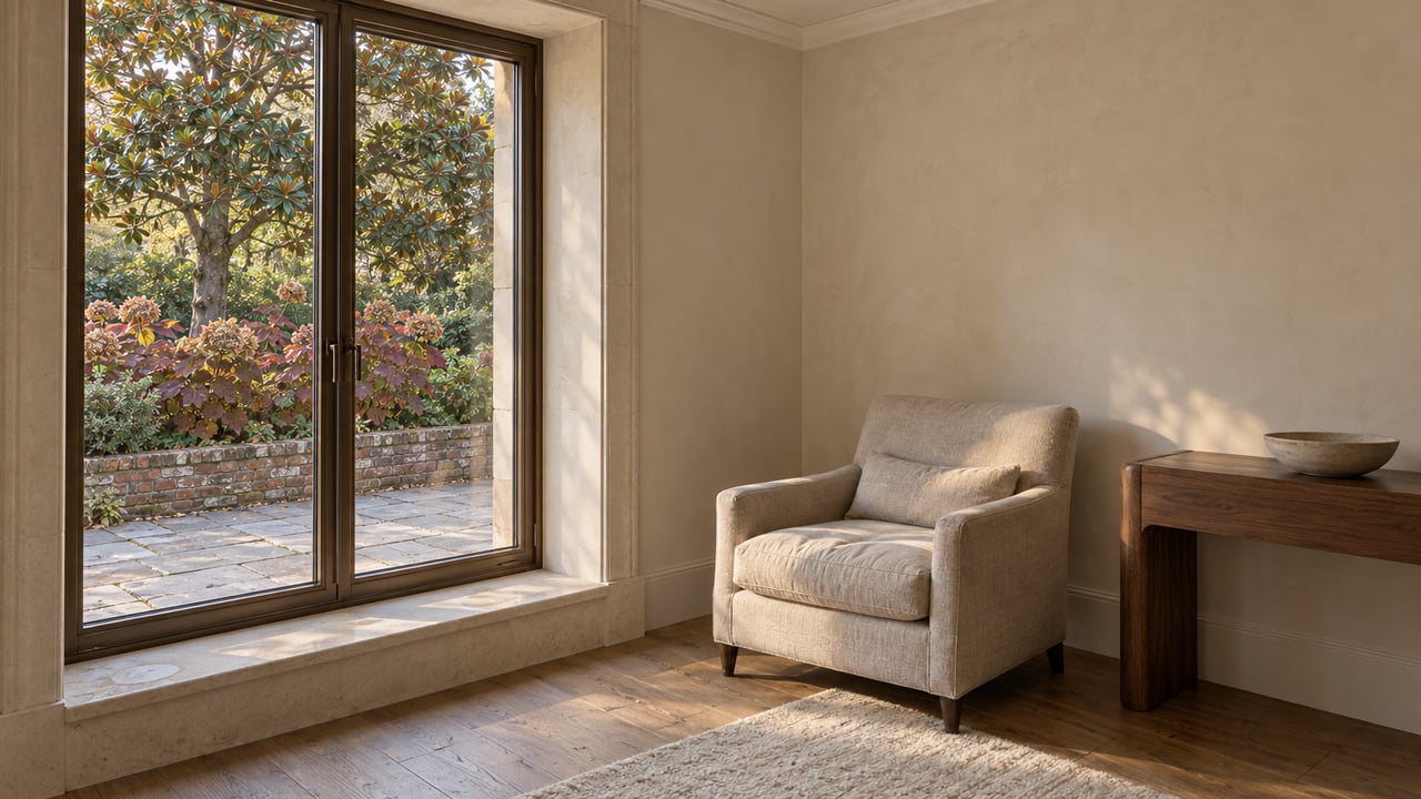 Quiet sitting-room corner with bronze-framed windows, limestone reveals, a linen armchair and walnut console overlooking a planted stone terrace.