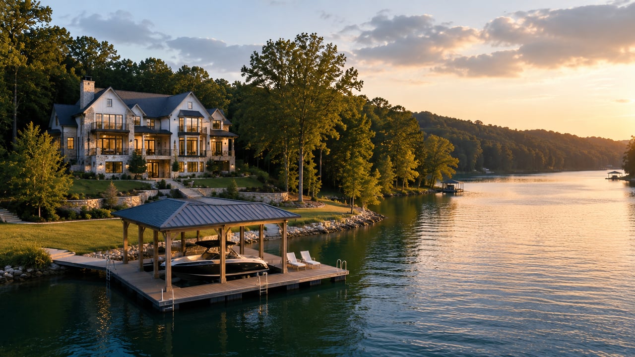 Luxury lakefront home near Nashville, Tennessee, with a private boat dock, scenic water views, wooded shoreline, and upscale outdoor living at sunset.