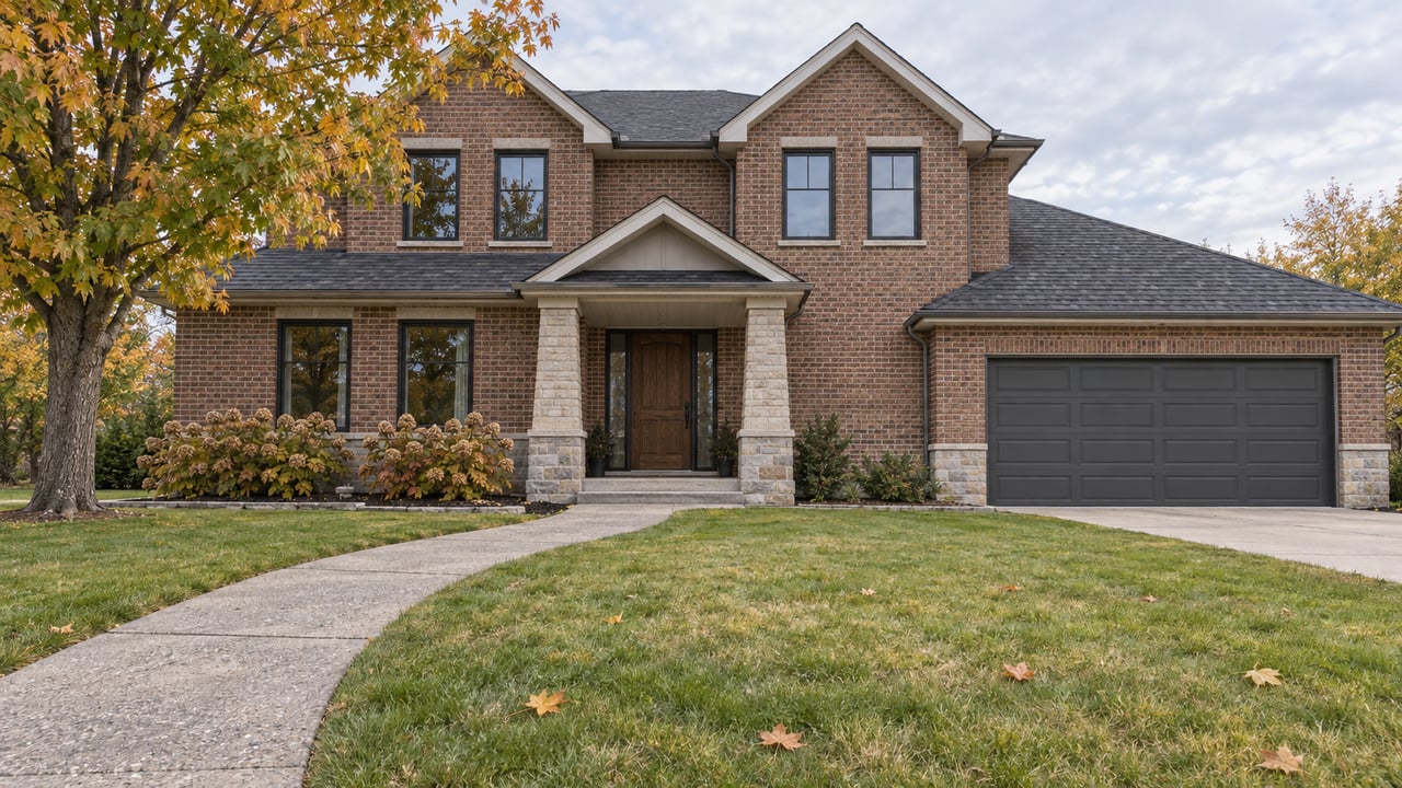 Brick home with gabled roofs, limestone porch, two-car garage and a deep autumn lawn beneath a turning maple.