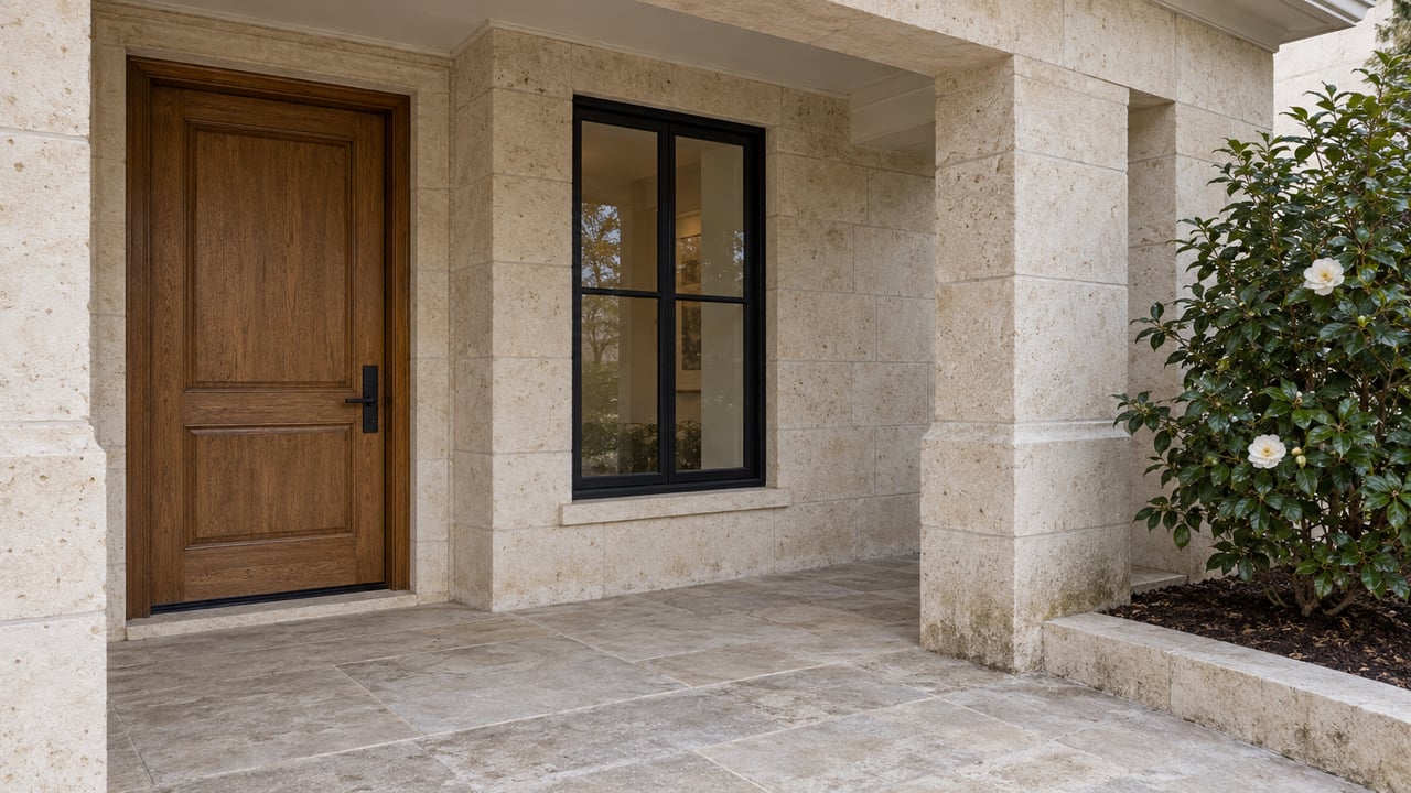 Covered limestone porch with a recessed oak front door, black-framed window and a white-flowering camellia beside a raised planting bed.