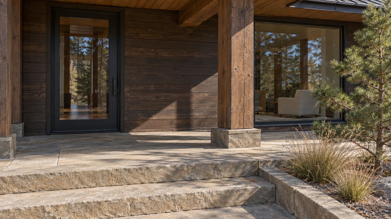 Modern home entrance with dark wood siding, a glass door, and broad stone steps.