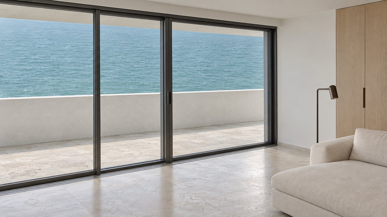 Closed glass doors separate a limestone-floored living room from a stone terrace overlooking teal water.
