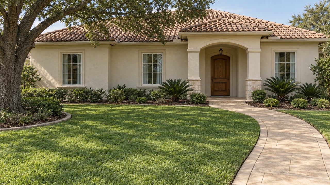 Cream stucco home with a terracotta tile roof, arched entry, curved paver walk and broad lawn beneath a mature live oak.