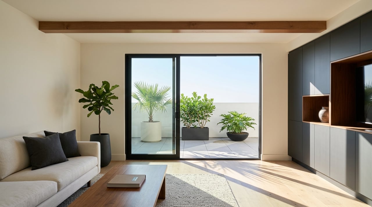 Modern coastal living room opening through black-framed sliders onto a planted terrace.