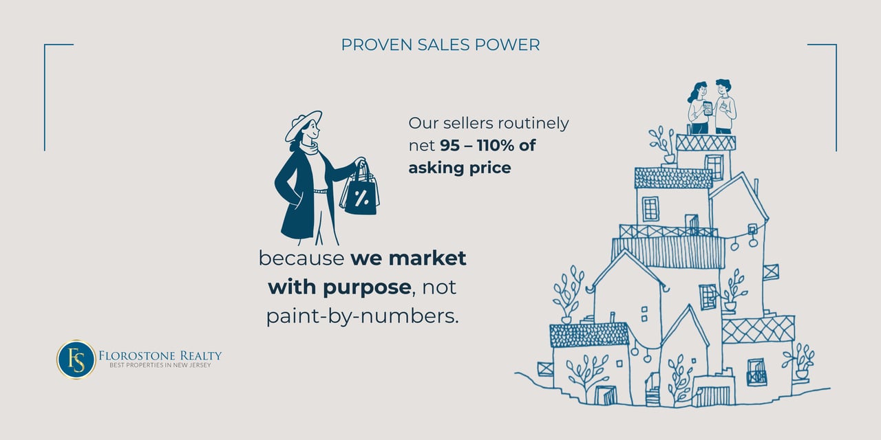 Florostone Realty visual illustrating sellers achieving 95–110% of asking price through purposeful marketing strategies, emphasizing targeted campaigns and property-specific positioning.