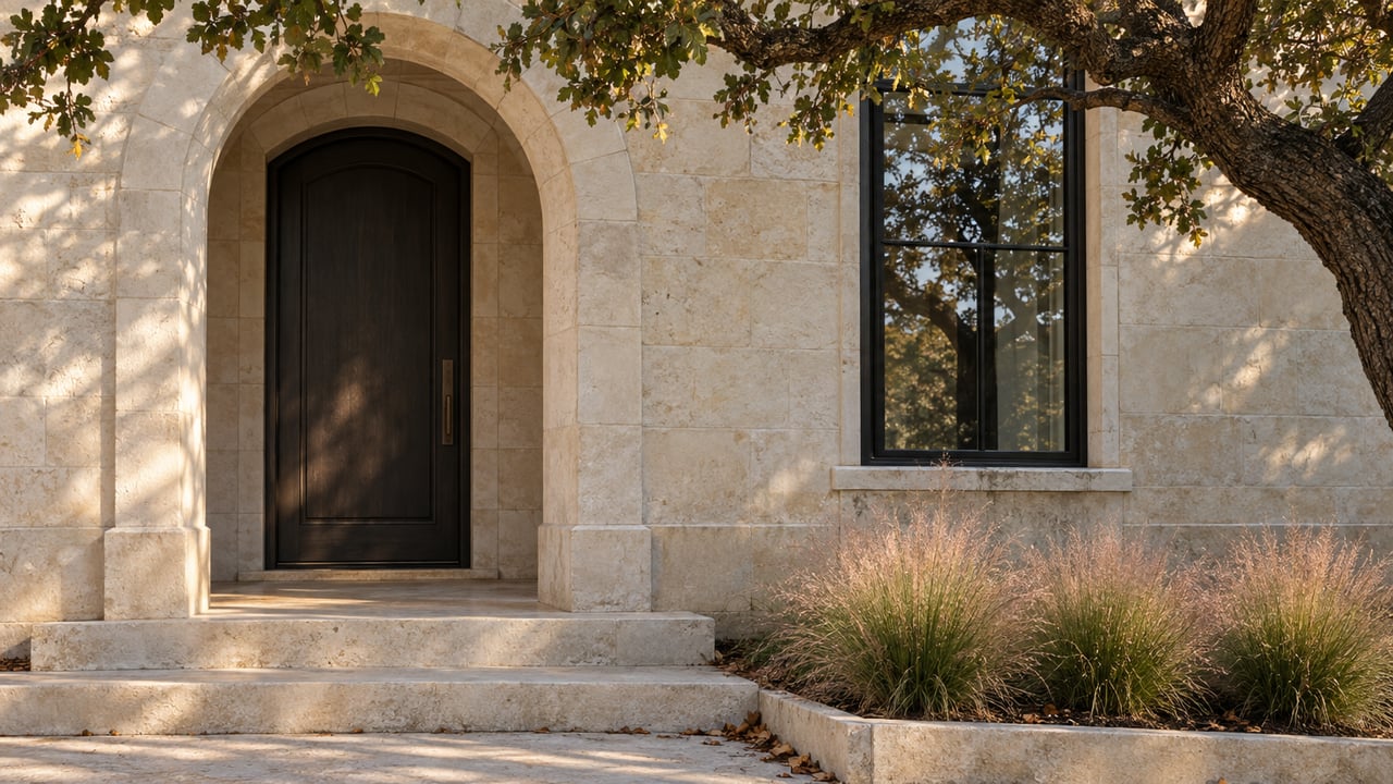 Limestone home entry with a deep stone arch, dark timber door, and oak reflected in a tall window.