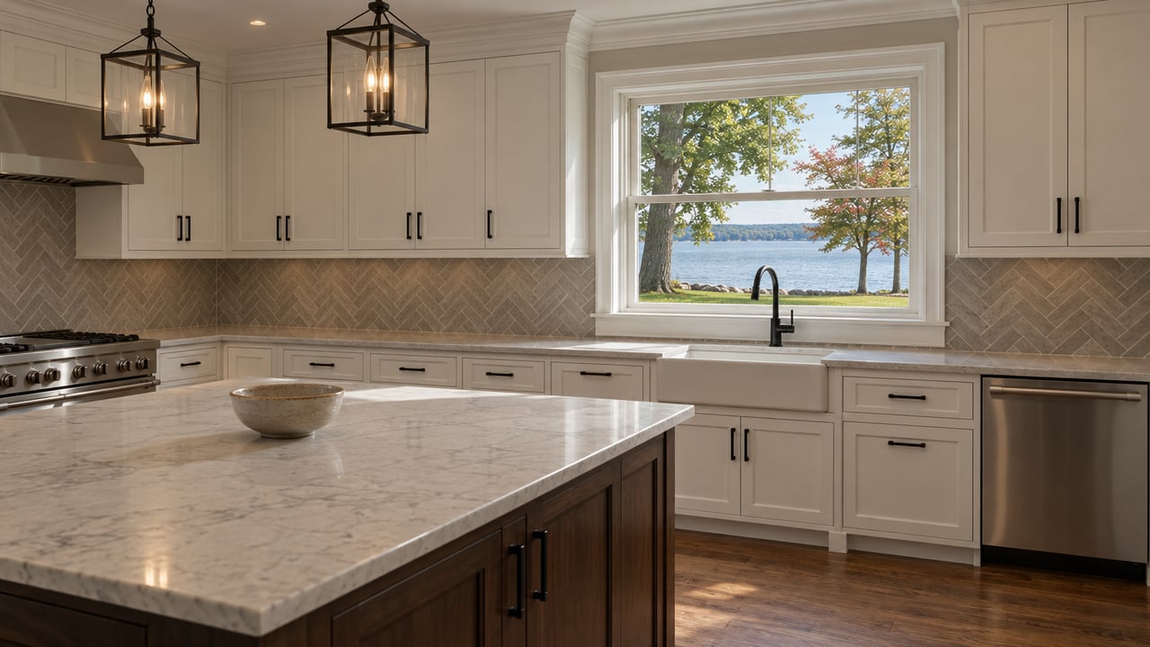 Waterfront kitchen with a walnut island, white cabinets, and a window overlooking trees and muted blue-green water.