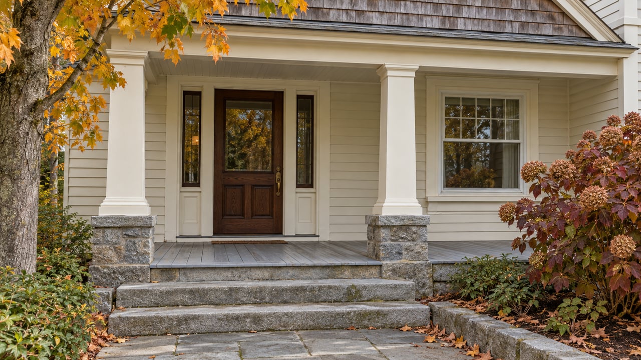 Stone steps lead to a timber porch with ivory columns, an oak entry door and autumn foliage beside a cream clapboard home.