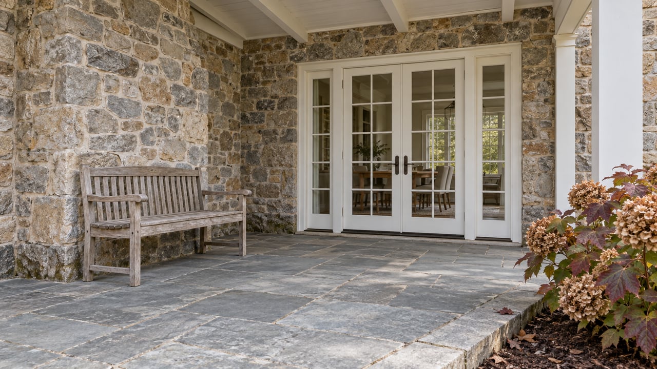 Covered flagstone terrace beside a fieldstone home, with white French doors, a weathered teak bench and autumn oakleaf hydrangea.