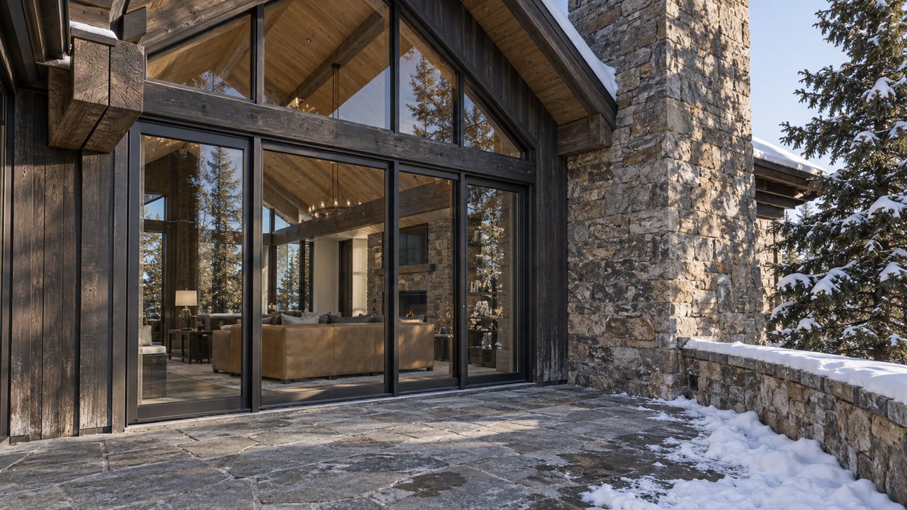 Snow-edged stone terrace beside a timber-clad home with tall glazing and a substantial stone chimney.