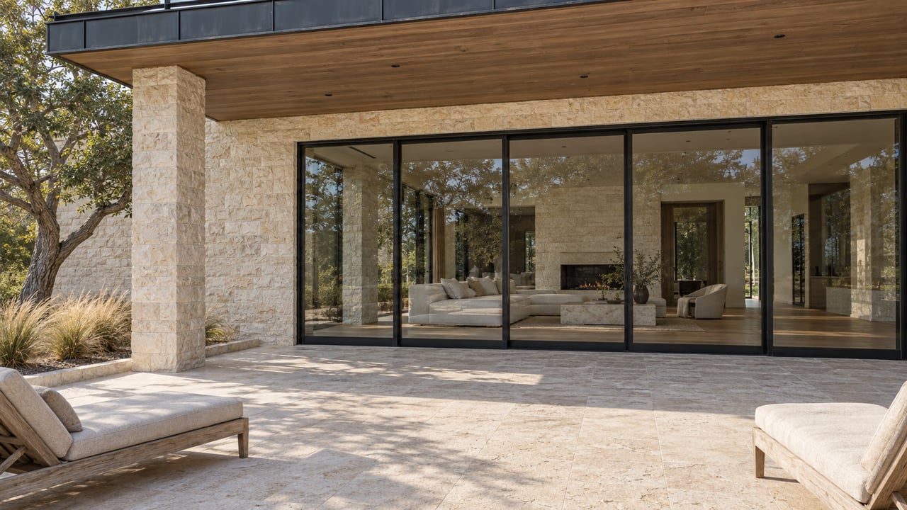 Limestone terrace with teak lounge chairs, a timber-lined roof and black-framed glass doors opening visually onto a warm great room.