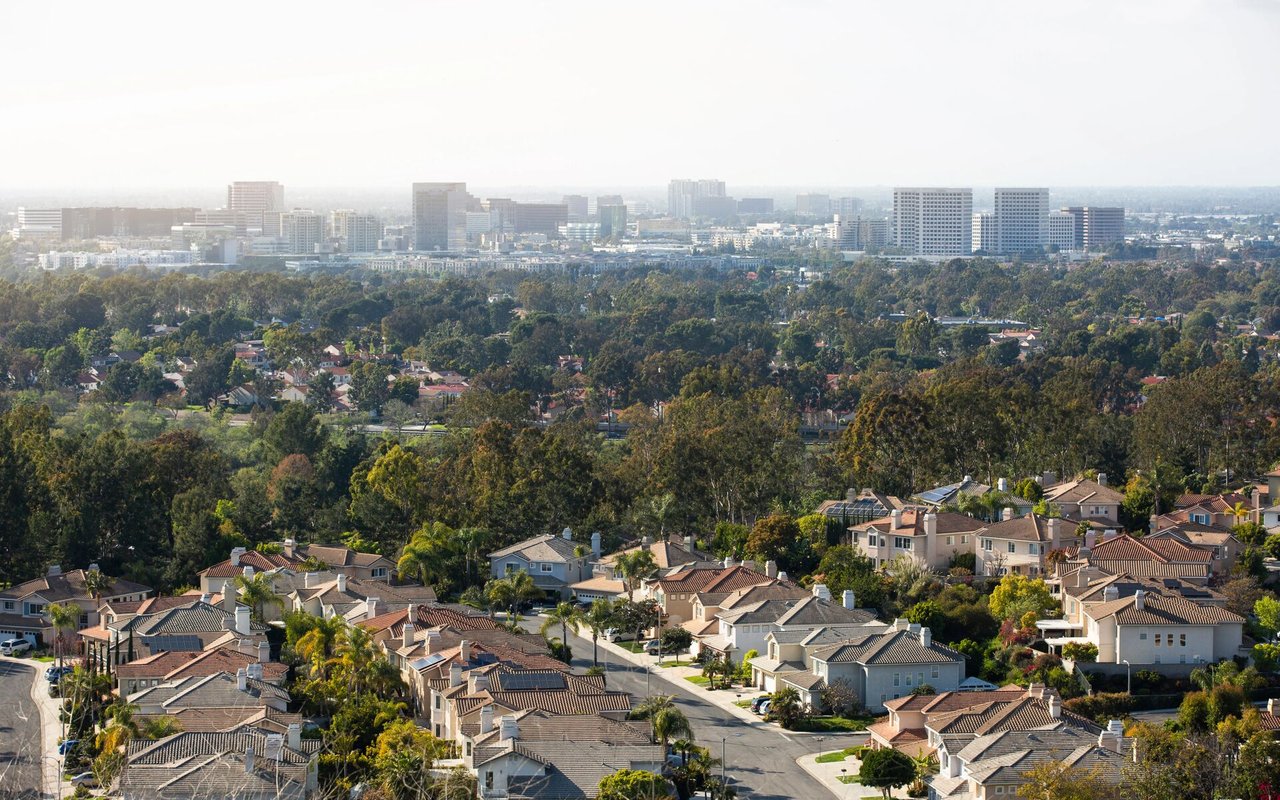 Aerial view of a leafy neighborhood with detached homes and distant commercial buildings.