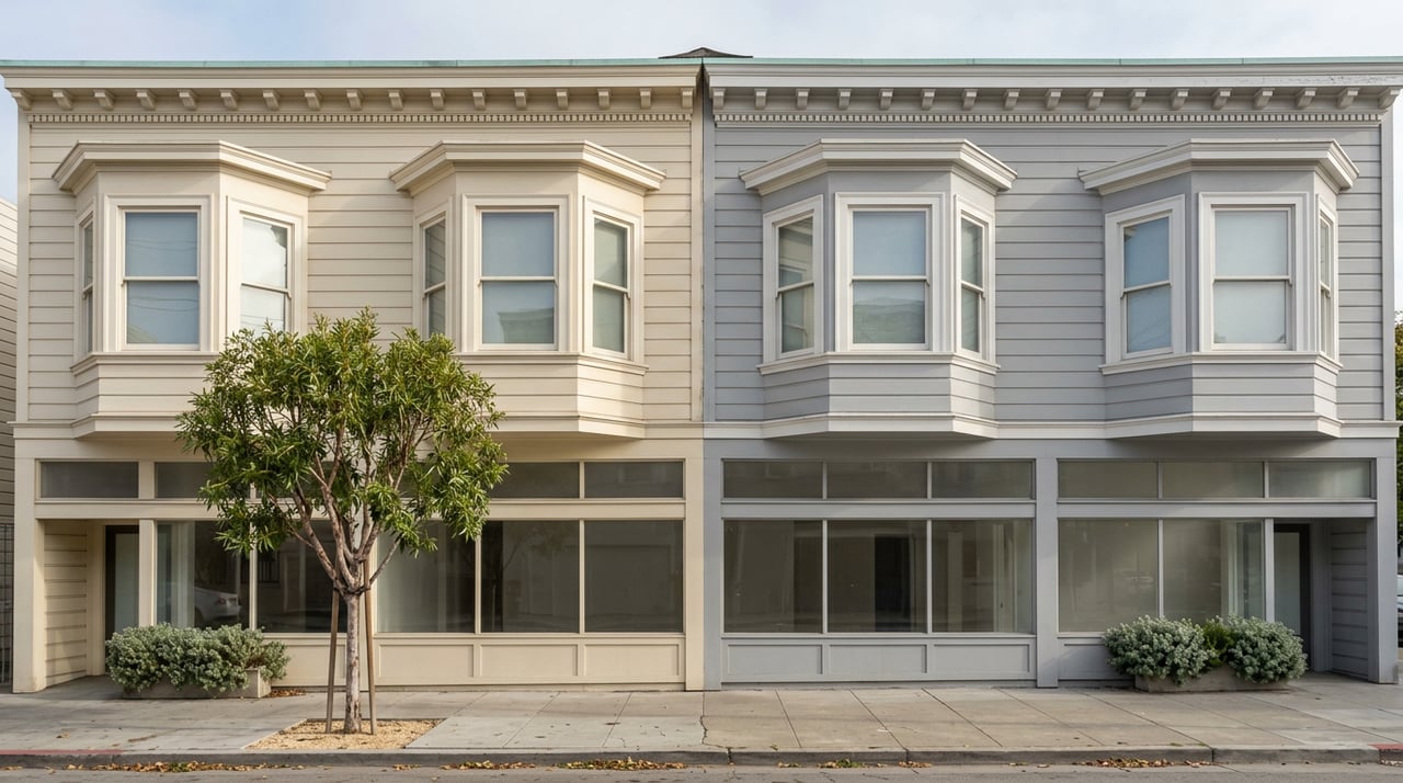 Two adjoining cream and gray buildings with projecting bay windows above storefront glazing, beside a street tree.