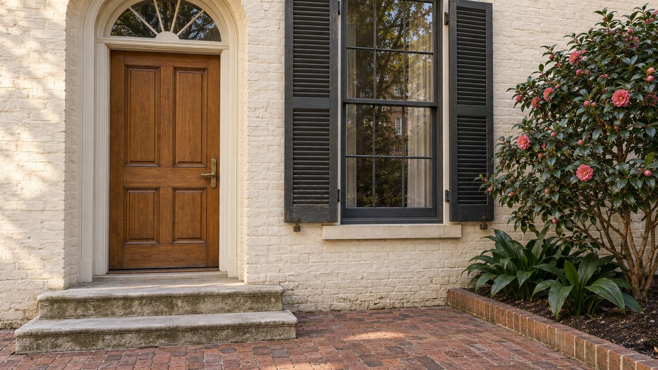 An ivory limewashed brick home with a wooden entrance, glazed fanlight, dark shutters, worn stone steps, and camellia planting beside a brick forecourt.