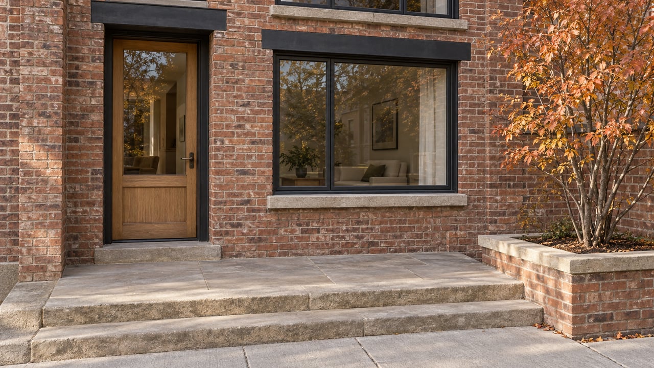 Autumn light on a brick home's recessed oak-and-glass entrance, sandstone steps, and copper-leaved serviceberry.