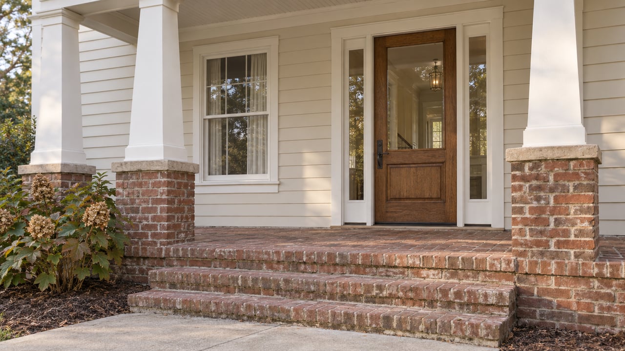 Covered entrance with ivory siding, an oak glazed door, tapered porch columns and weathered red-brown brick steps.