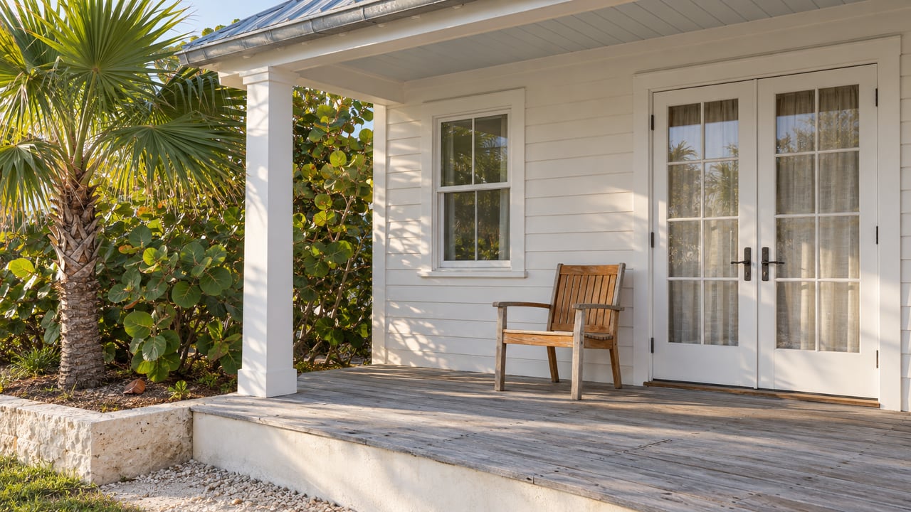 White clapboard cottage porch with paired glazed doors, weathered gray decking, a teak chair and tropical specimen planting.