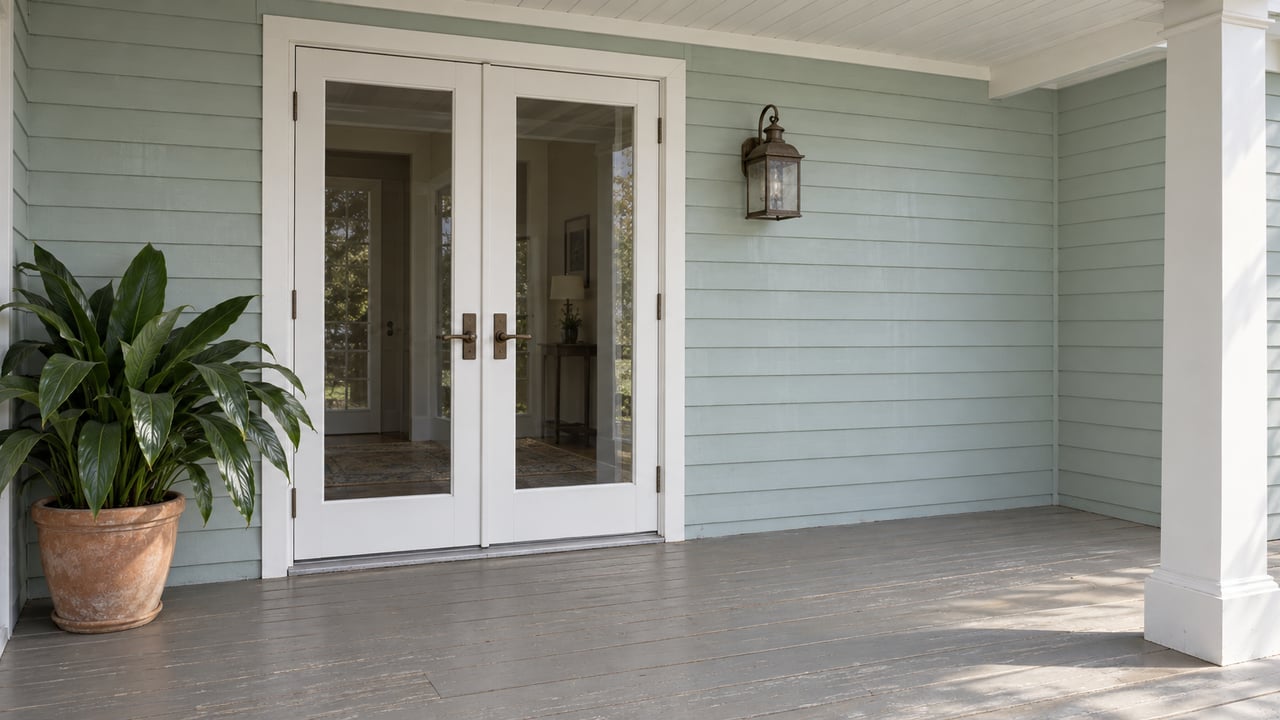 Sea-glass painted siding and paired white glazed doors on a lightly weathered covered veranda, with gray timber flooring and a single terracotta planter.