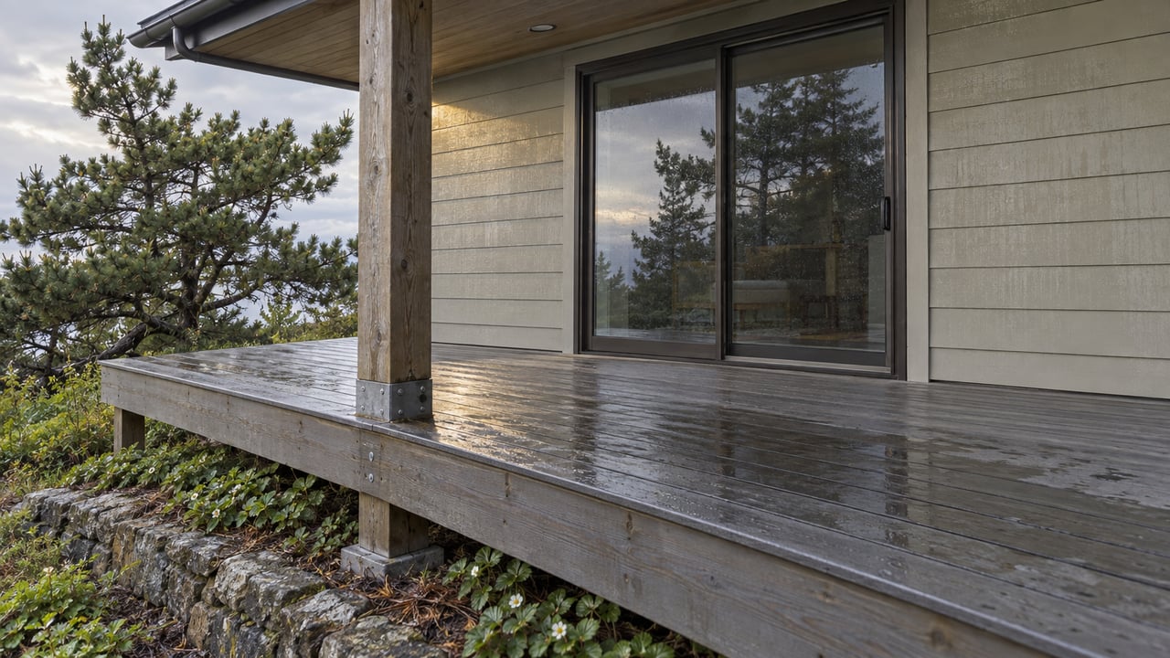 Rain-darkened deck beside a glazed sliding door, with a wind-shaped pine on the planted slope below.