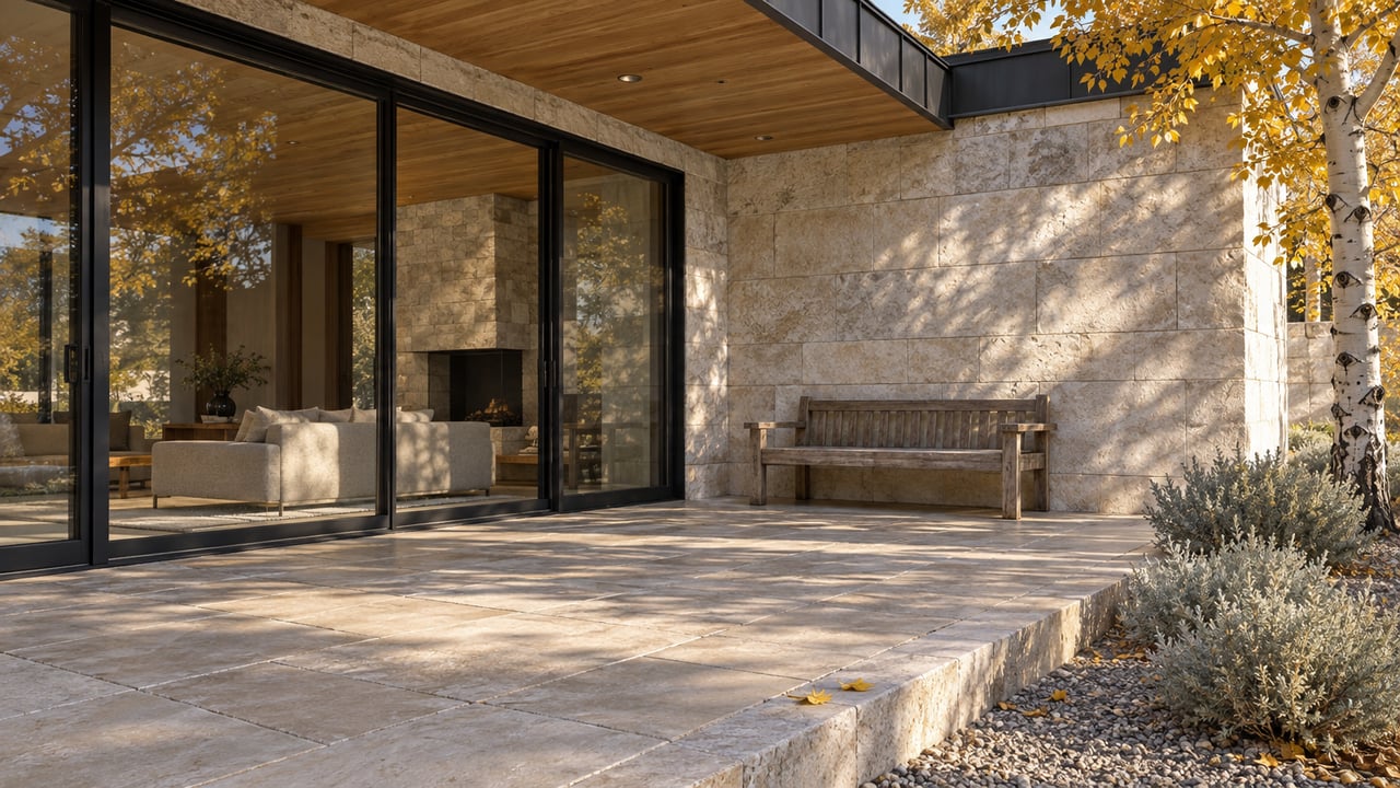 Sunlit limestone terrace beside black-framed glass doors and a timber overhang, with a golden aspen and silver sagebrush.