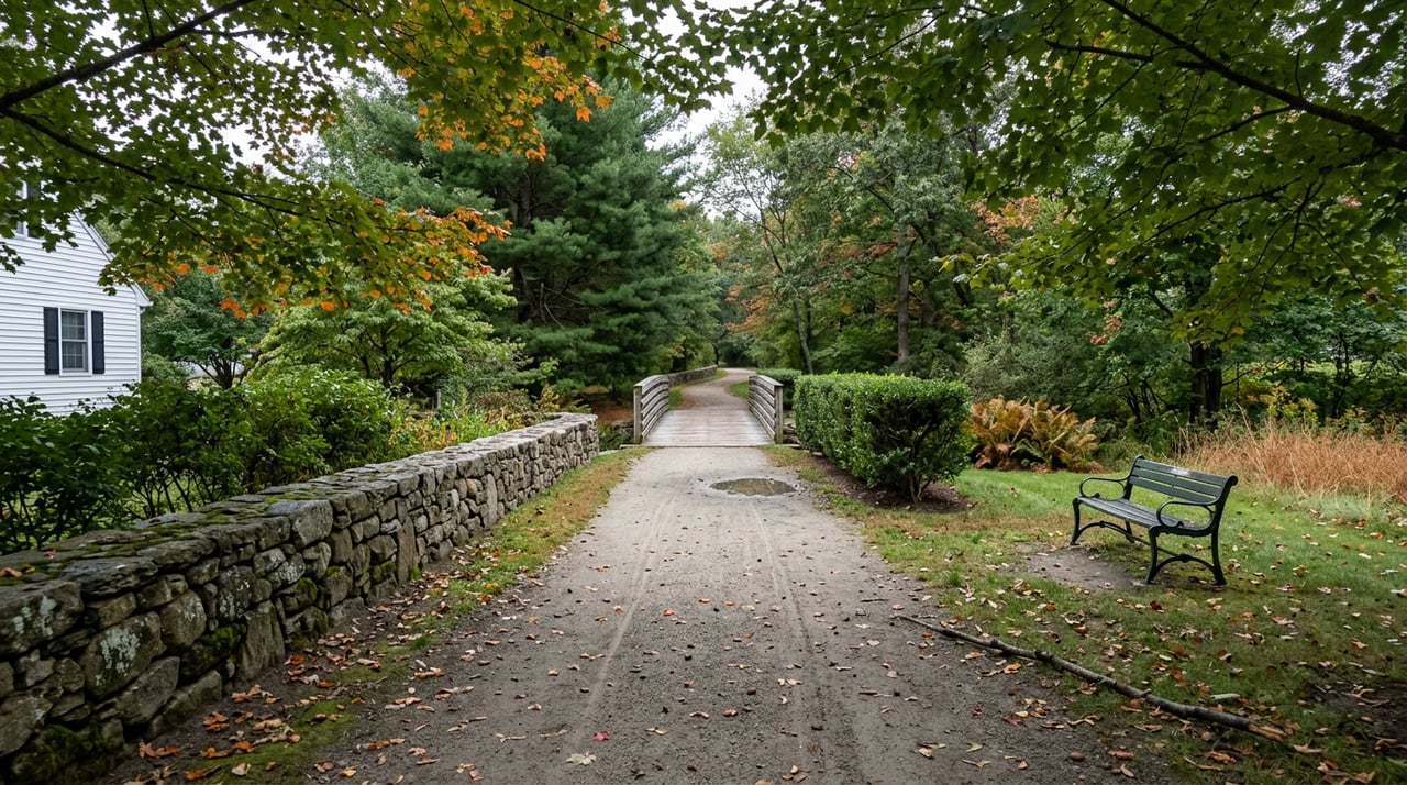 Stone-dust trail curving past a fieldstone wall toward a cedar footbridge over a brook.