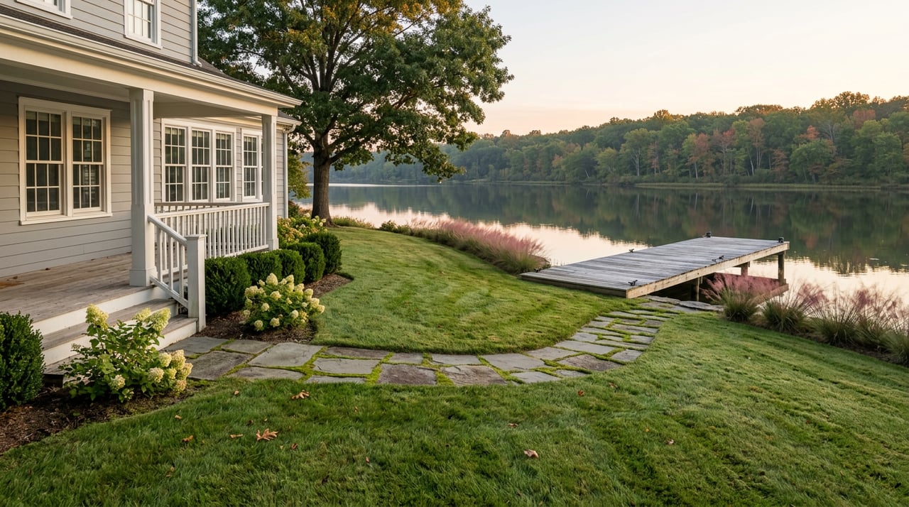 Gray clapboard waterfront home above a sloping lawn, flagstone path, and wooden dock on still water.