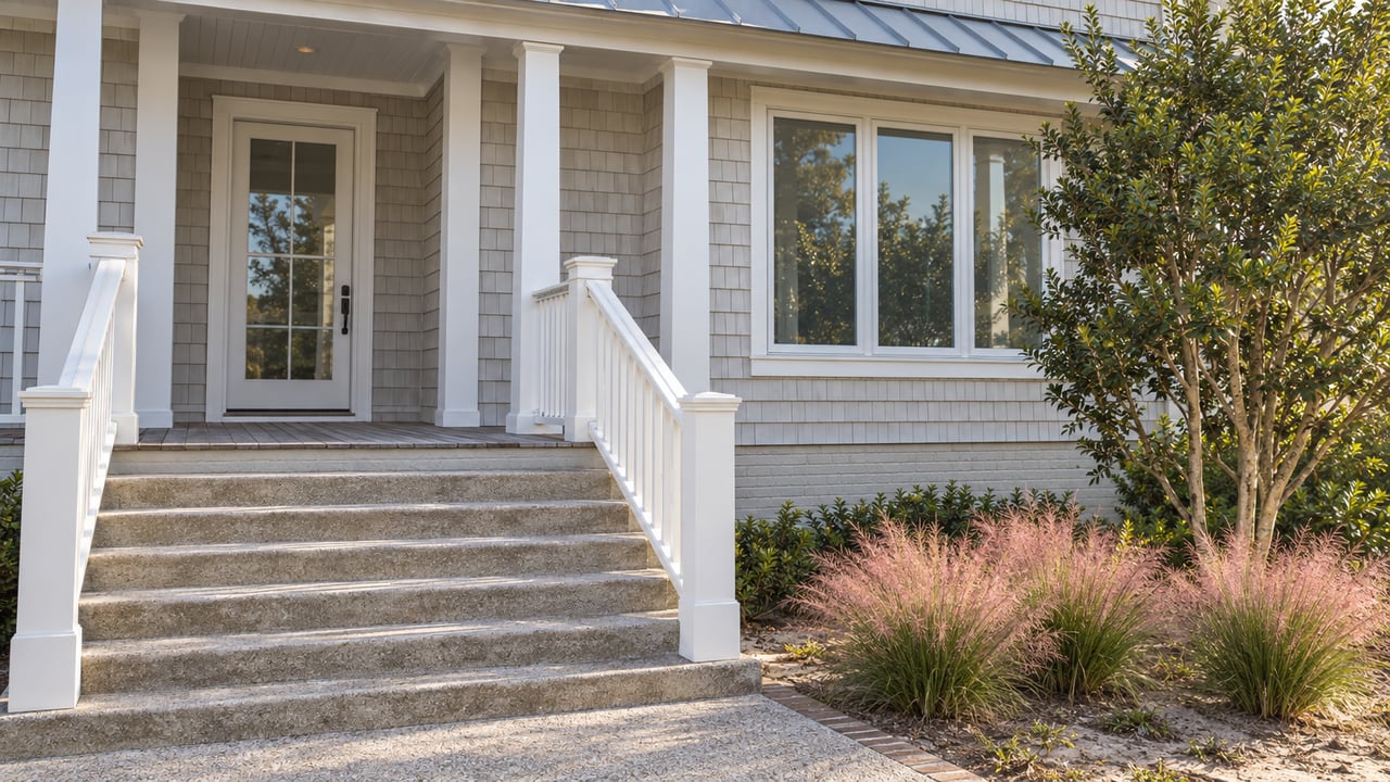 Raised coastal house entry with pale cedar shingles, white porch posts, broad concrete stairs, and pink muhly grass beside a sculptural yaupon holly.