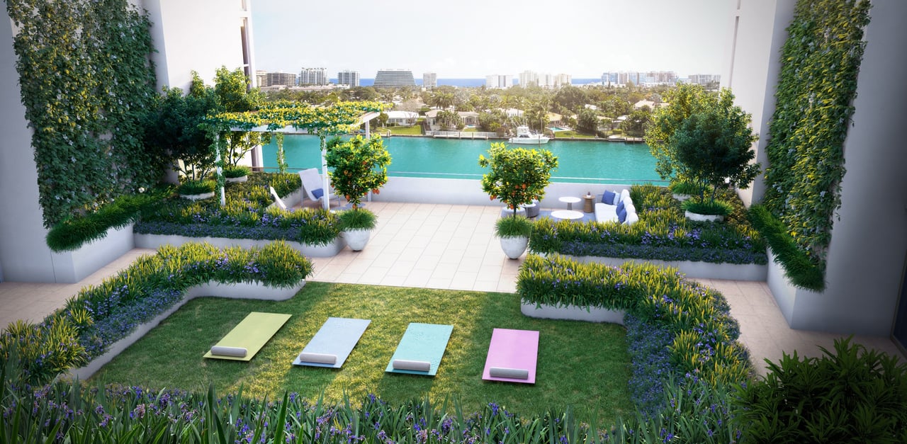 Rendering of waterfront breezeway and yoga lawn at La Baia South in Bay Harbor Islands.