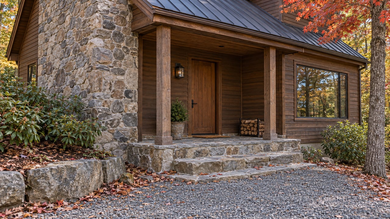 Stained-wood home with a fieldstone chimney, covered stone entry and autumn red maple beside a gravel approach.