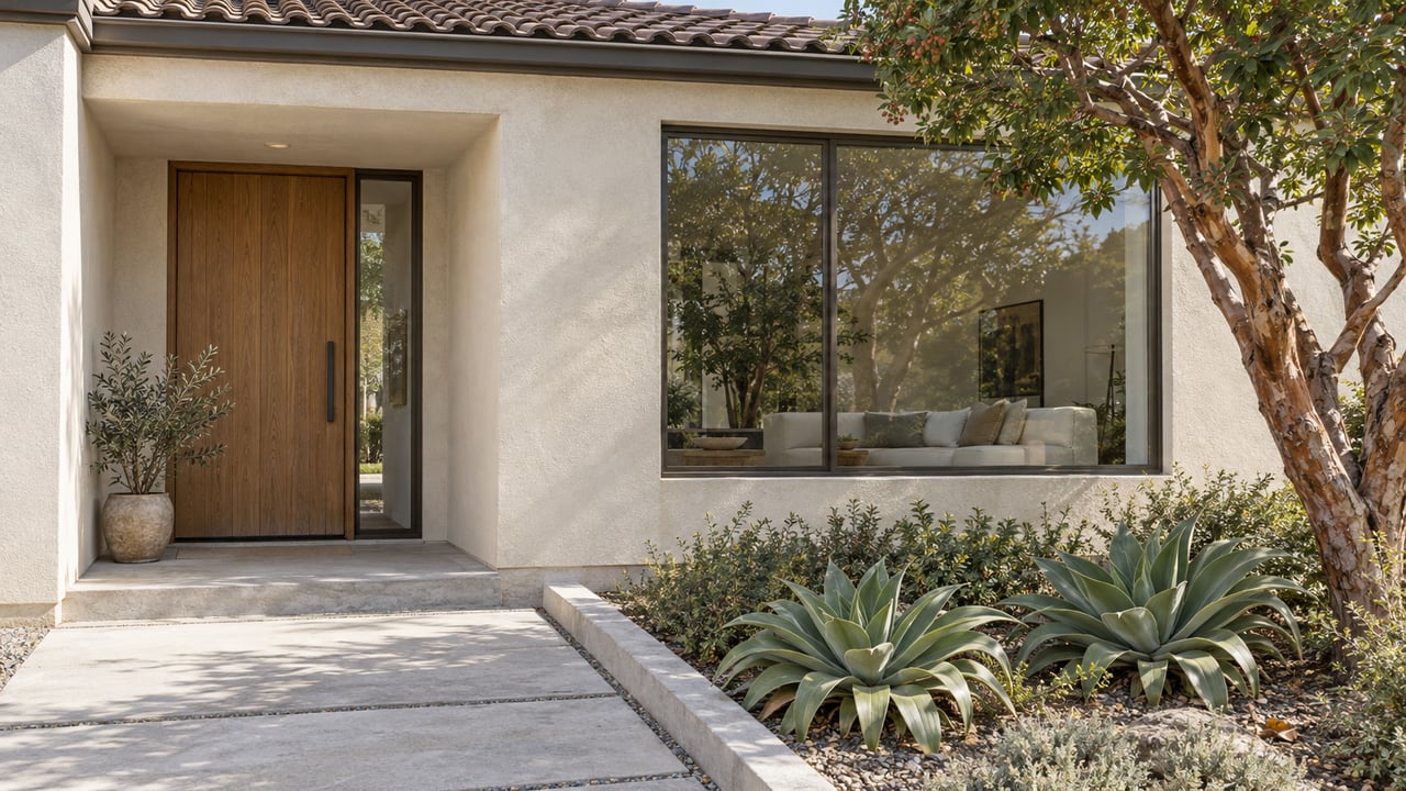 Ivory stucco home with an oak entry door, bronze-framed window, concrete approach, and sculptural planting in soft daylight.