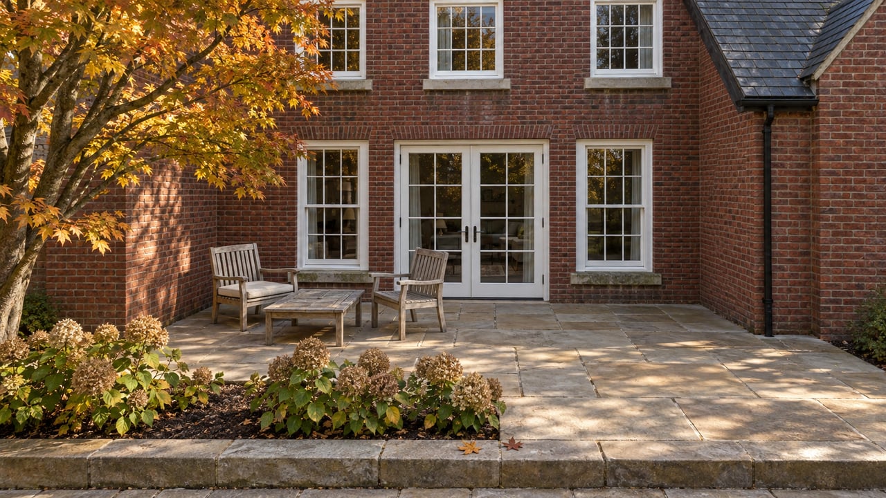 A brick home's glazed rear doors open onto a weathered sandstone terrace with teak chairs, an autumn maple and dried hydrangea flowers.