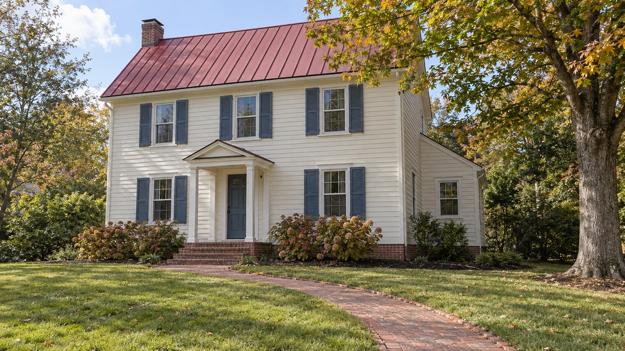 Cream clapboard home with a red metal roof, blue shutters and brick front steps beyond a broad lawn and curving brick path.
