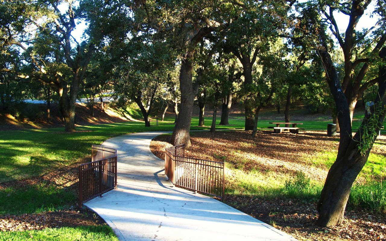 A paved path crosses a small bridge through a tree-shaded park.