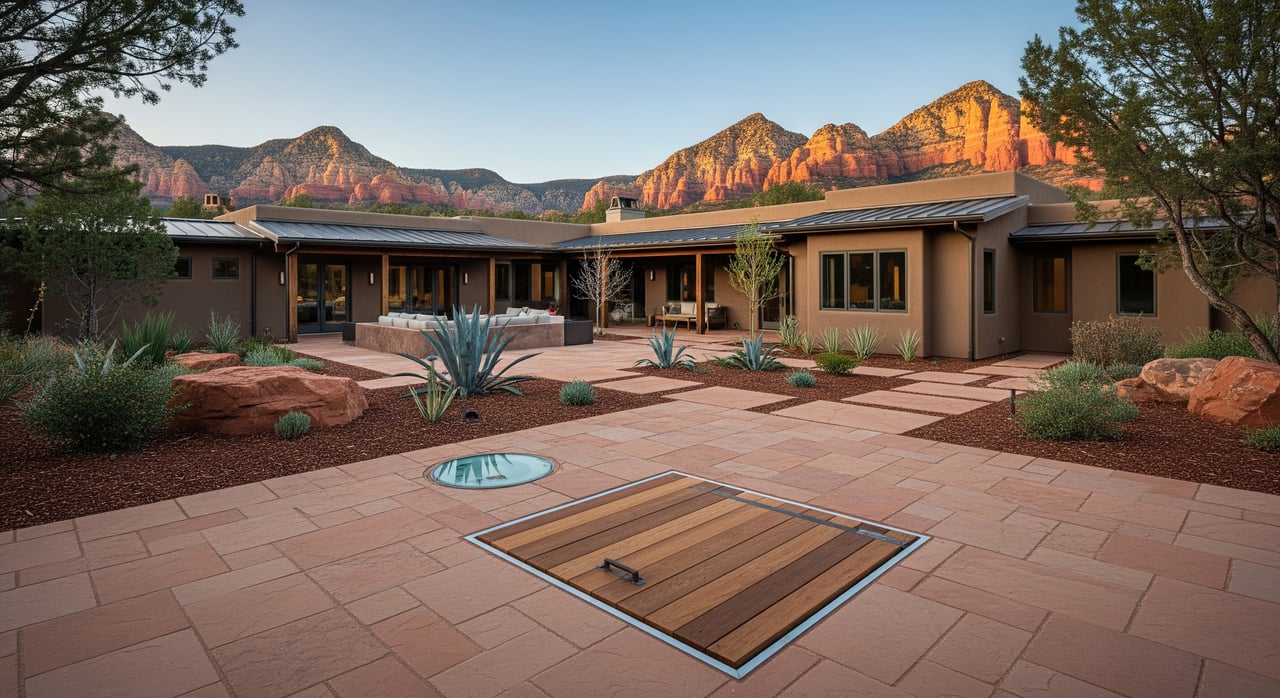 Single-story desert home with a paved courtyard and red sandstone cliffs behind it.