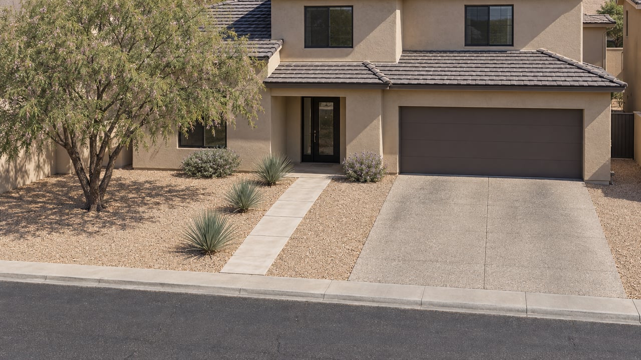 Two-story sand-stucco house behind a gravel front yard, with a broad driveway, entry walk, and airy desert tree.